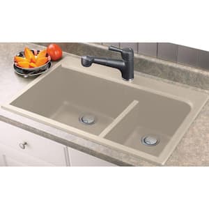Radius Drop-in Granite 33 in. 4-Hole 1-3/4 J-Shape Double Bowl Kitchen Sink in Cafe Latte