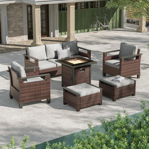 6-Pieces Patio Sofa with Square Fire Table Set Wide Armrests High Back Sofa Chair Design Brown Wicker Linen Grey Cushion