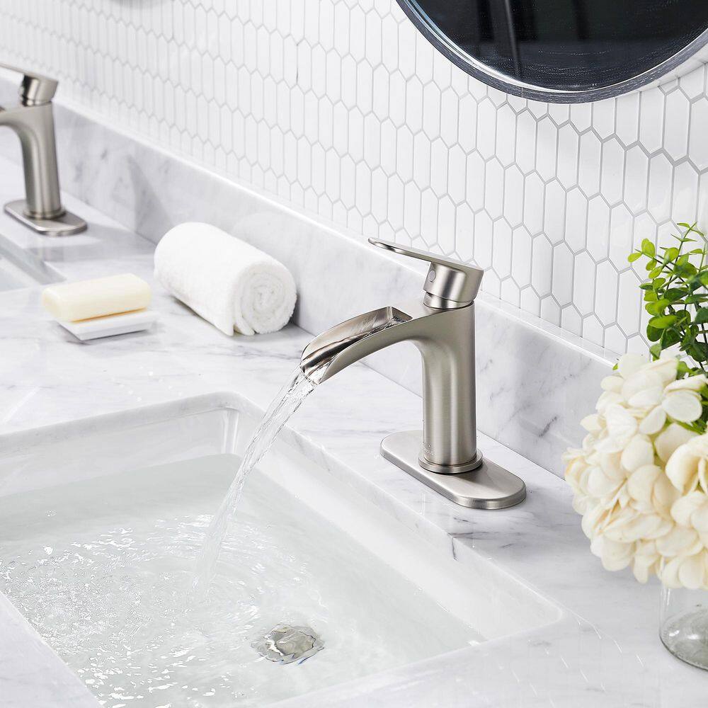 Brushed Nickel Waterfall Single Handle Bathroom Faucet with Pop-Up Drain