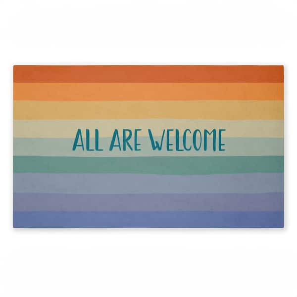 All Are Welcome Inclusive Rainbow Blue 18 in. x 30 in. Polyester Non-Slip Outdoor Door Mat