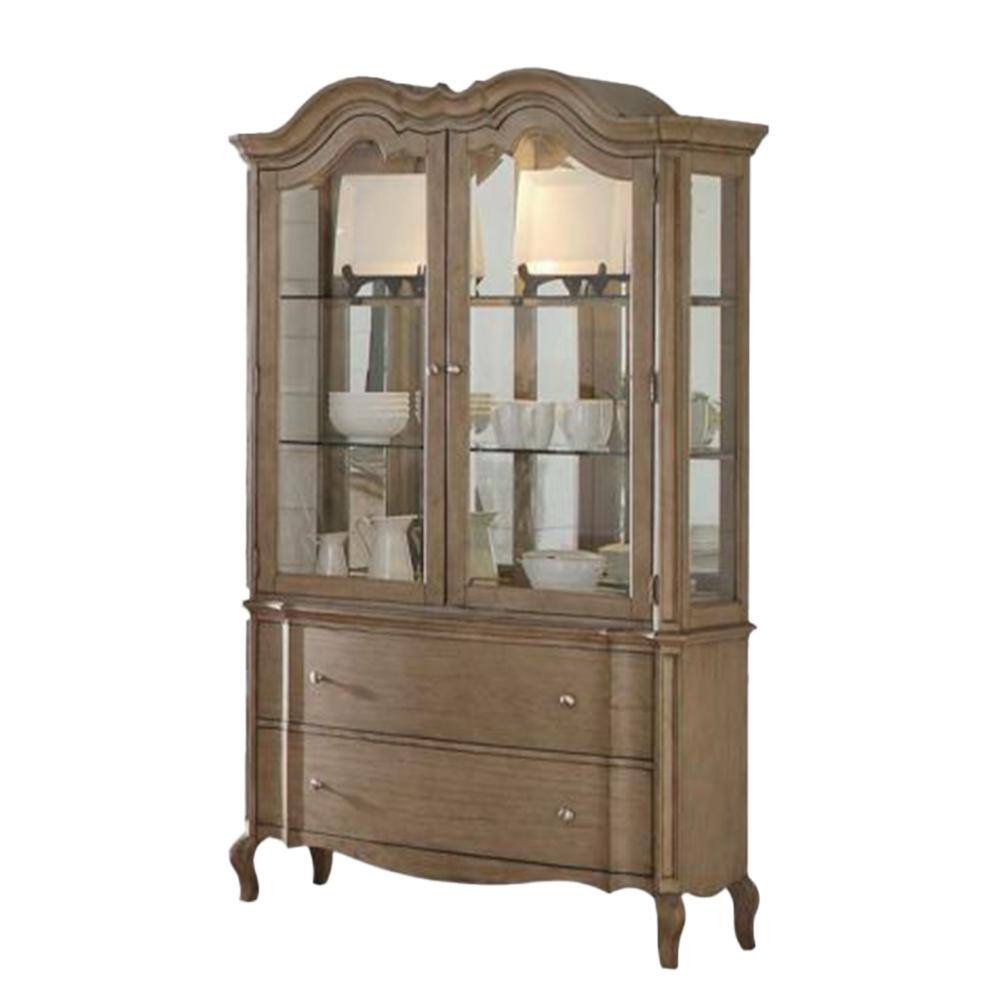 Antique Taupe Lighted China Cabinet with Glass Doors and Shelves