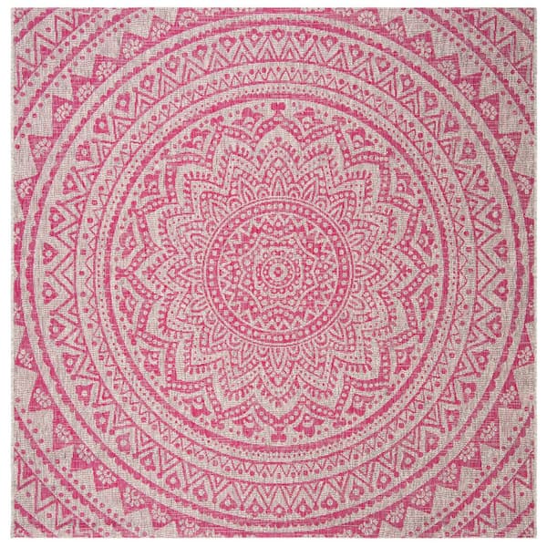 Courtyard Light Gray/Fuchsia 5 ft. x 5 ft. Medallion Indoor/Outdoor Square Area Rug
