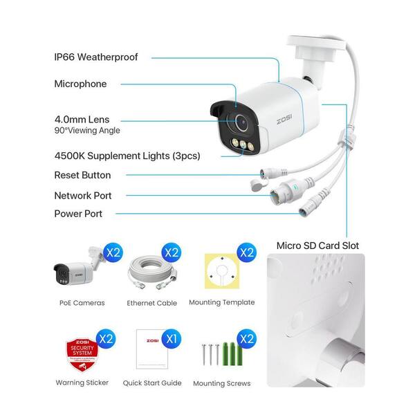 ZOSI C186A 2 Pack 4K 8MP PoE Add-on hardwired IP Security Camera