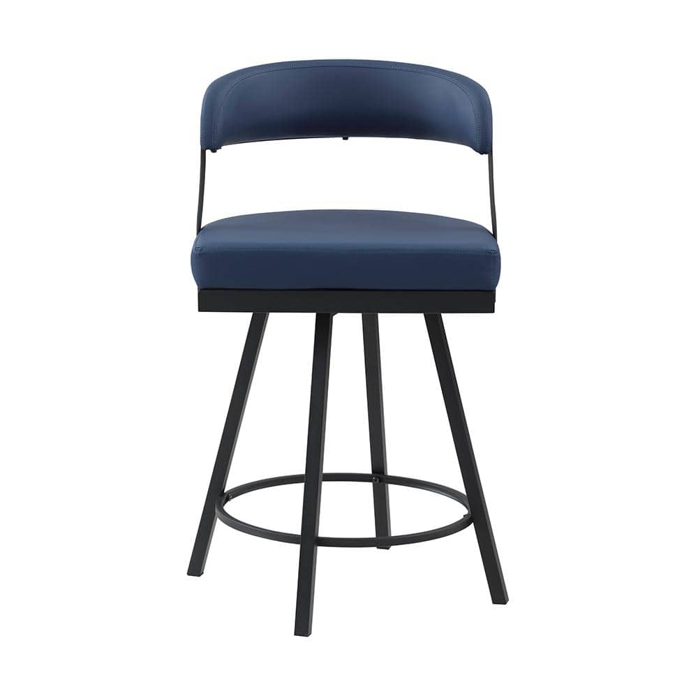 Blue Faux Leather Swivel Counter Height Stools with Black Metal Frame, Set of 2