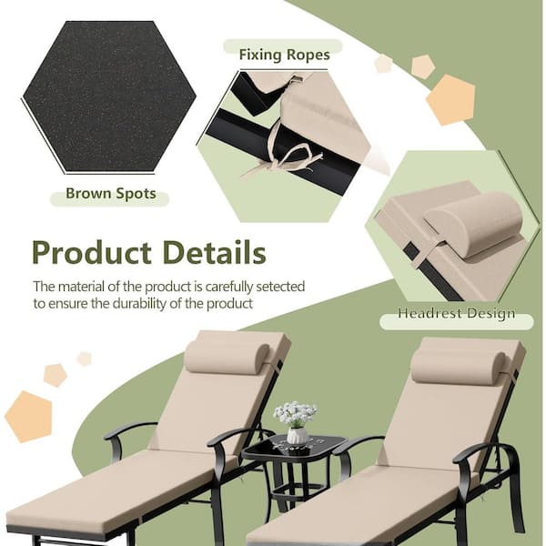 3-Piece Aluminum Outdoor Chaise Lounge with Glass Table, Armrest and Cushion Sand