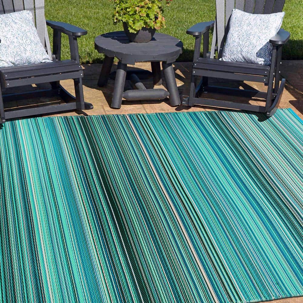 Blue and Green Striped Synthetic Reversible Area Rug 8' x 10'