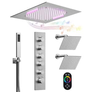 5-Spray 20 in. Ceiling Mount LED Music Dual Shower Head Fixed and Handheld Shower Head and 2.5 GPM in Brushed Nickel