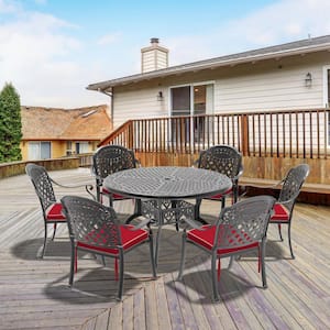 Isabella Black 7-Piece Cast Aluminum Outdoor Dining Set with Round Table and Dining Chairs with Random Color Cushion