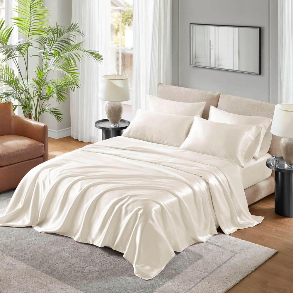 Ivory Queen Satin Polyester 6-Piece Luxury Sheet Set