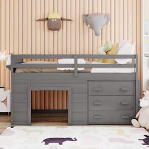 Gray Twin Size Low Loft Bed with 3 Large Drawers, Wooden Kids Loft Bed Frame with Cabinet and Shelf, Twin Kids Loft Bed