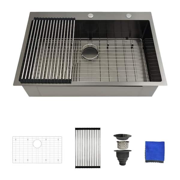 33 in. Black Drop-In Kitchen Sink-33 x 22 Top Mount Stainless Steel Sink, 16-Gauge Single Bowl with 4 Accessories