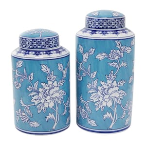 Blue Ceramic Decorative Jars with White Floral Patterns (Set of 2)