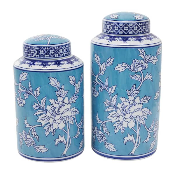 Litton Lane Blue Ceramic Decorative Jars with White Floral Patterns (Set of 2)