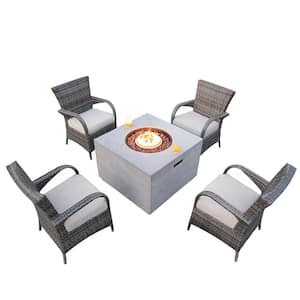 Greenland 5-Piece Wicker Patio Dining Set Outdoor Dining Firepit Set with Gray Cushions