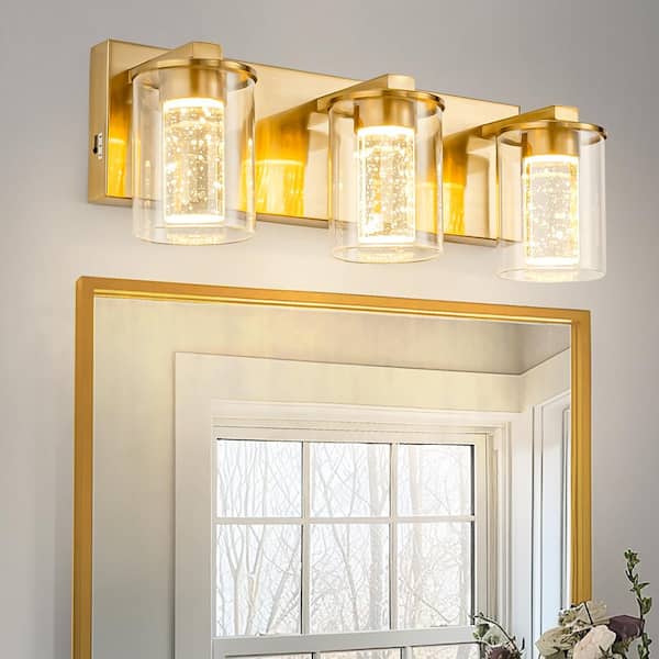 17 in. 3-Light Gold Crystal Integrated LED Bathroom Vanity Light Fixture, Dimmable with Adjustable Color Temperatures