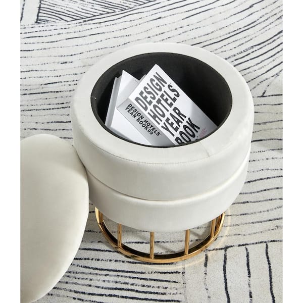 15 in. Modern White Velvet Fabric Round Upholstered Ottoman with 