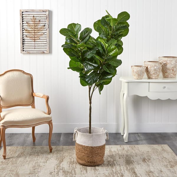 Nearly Natural 6 ft. Green Fiddle Leaf Fig Artificial Tree in Handmade Natural Jute and Cotton Planter