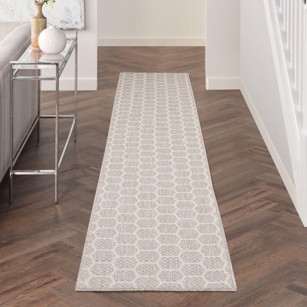 Reversible Indoor Outdoor Grey 2 ft. x 12 ft. Honeycomb Contemporary Runner Area Rug