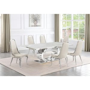 Ibraim 7-Piece Rectangle White Marble Top with Stainless Steel Base Dining Set with 6 Cream Velvet Chrome Iron Chair