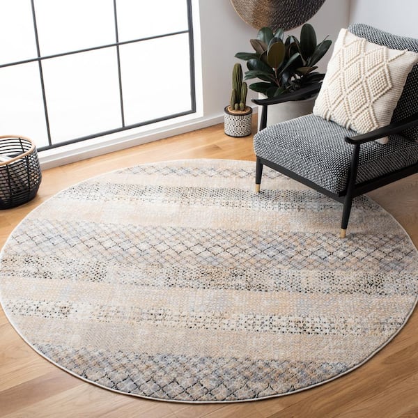 Amelia Gray/Gold 9 ft. x 9 ft. Round Geometric Distressed Area Rug