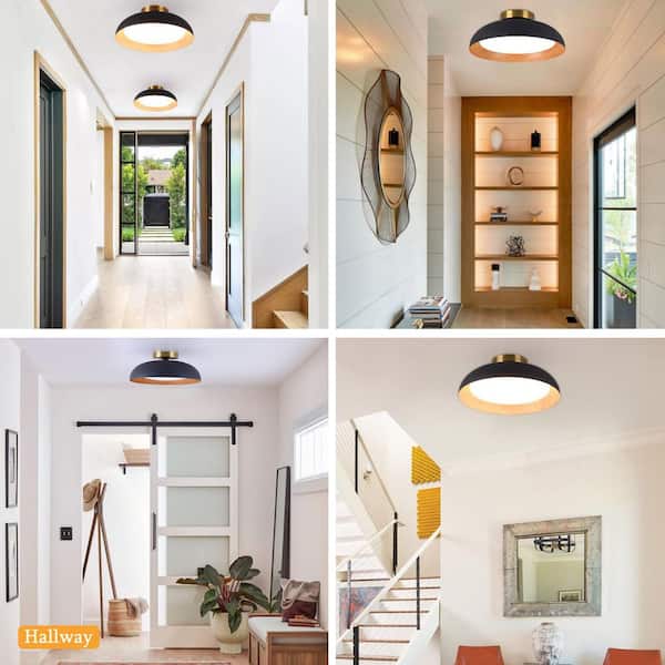 12.5 in. Integrated LED Ceiling Light Fixture, 20W, Dimmable, Matte Black with Wood Accent, Flush Mount with LED Bulb