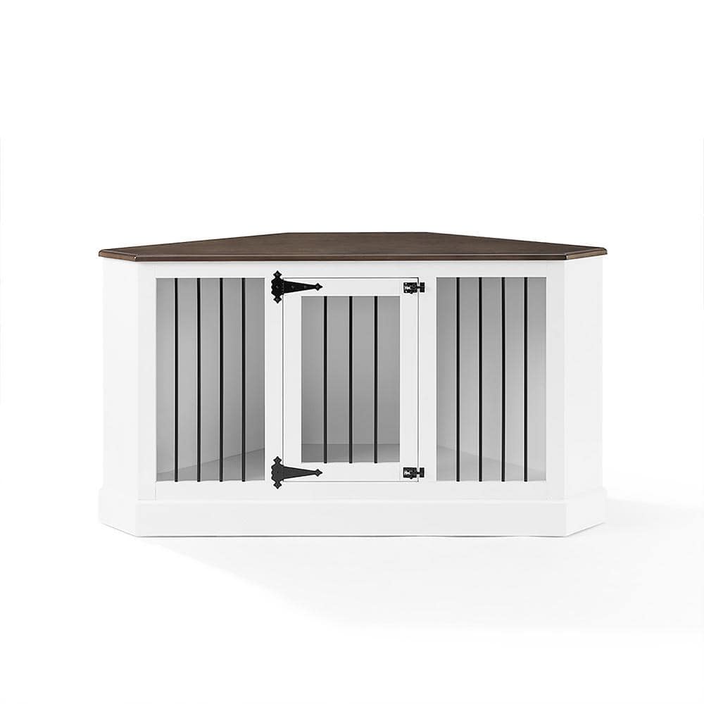 Small White Wood and Steel Corner Dog Crate Credenza