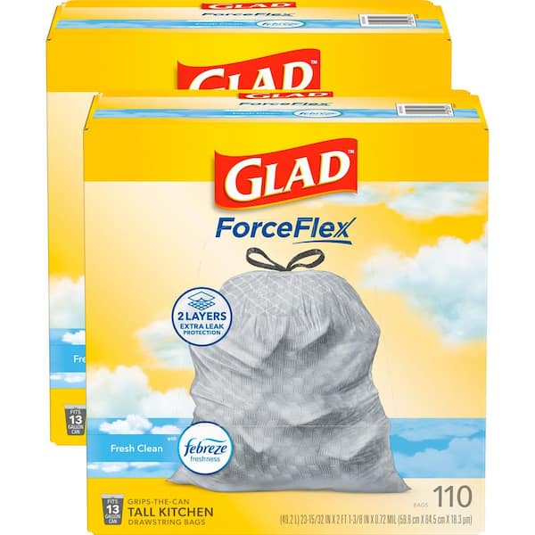 13 Gal. ForceFlex Tall Kitchen Drawstring Fresh Clean Scent with Febreze Trash Bags (110-Count, 2-Pack)