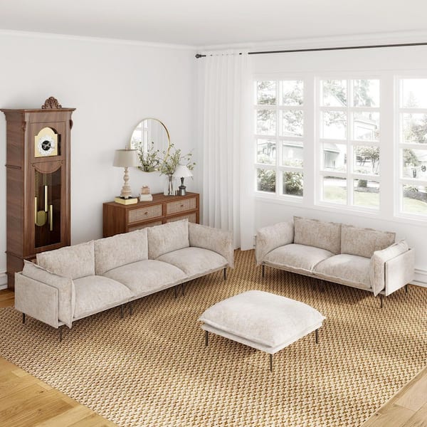 5-Piece Tannish Cloud Velvet Living Room Set with Ottoman, Comfort Deep Seat and Metal High Legs for Robot Vacuum