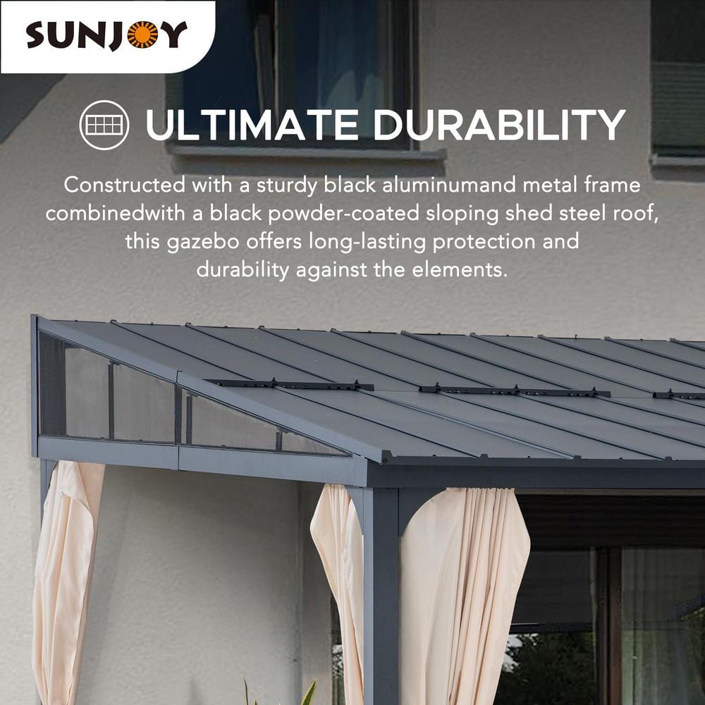 Sunjoy 12' x 14' Black Aluminum Wall-Mounted Gazebo with Curtains