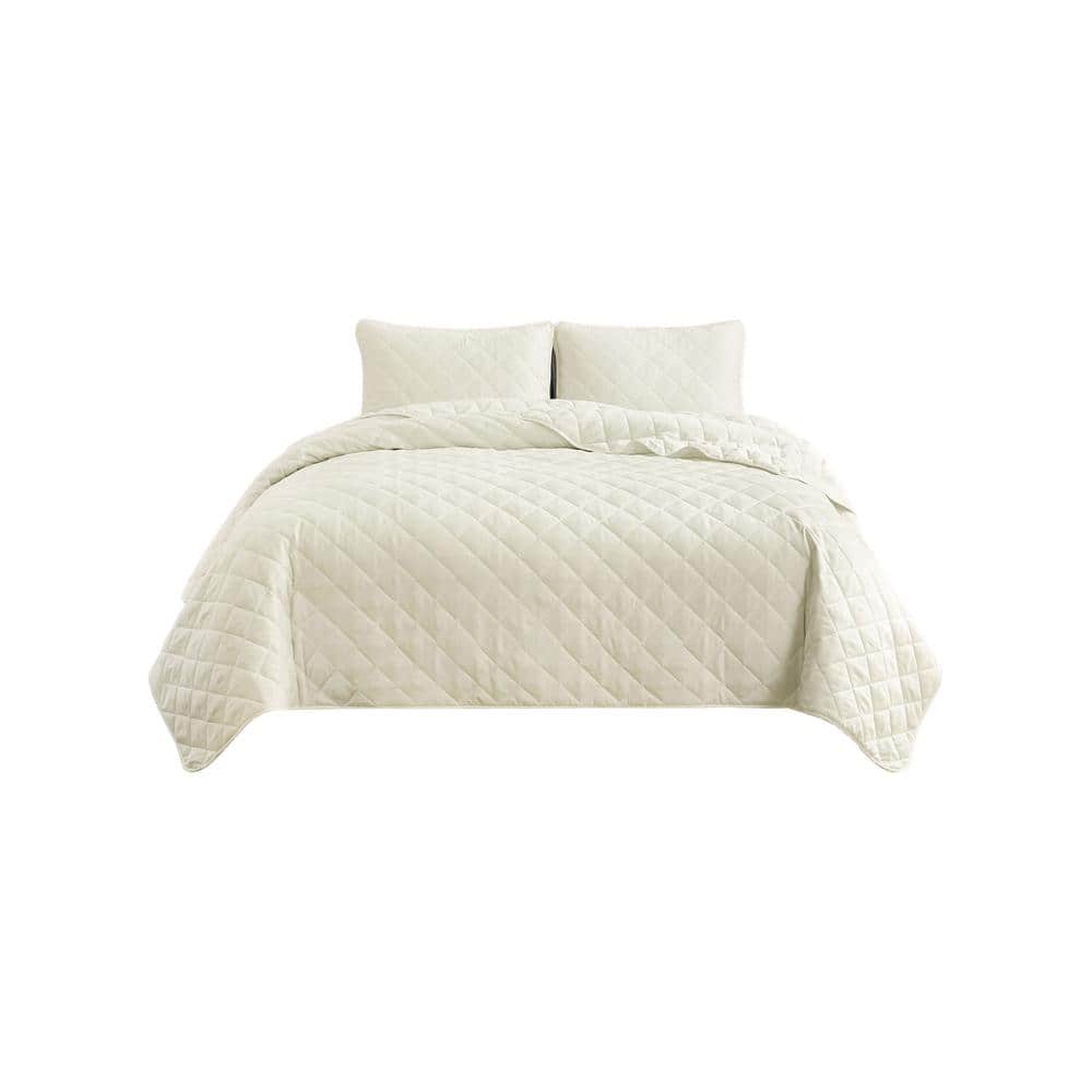 Ivory Twin Reversible Microfiber Diamond Stitch Quilt Set