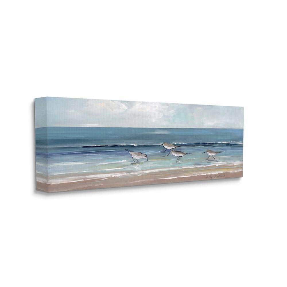 Sandpipers on Beach Blue and Beige Canvas Wall Art