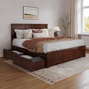 Madison Walnut Brown Solid Wood Frame King Platform Bed with Matching Footboard and Storage Drawers
