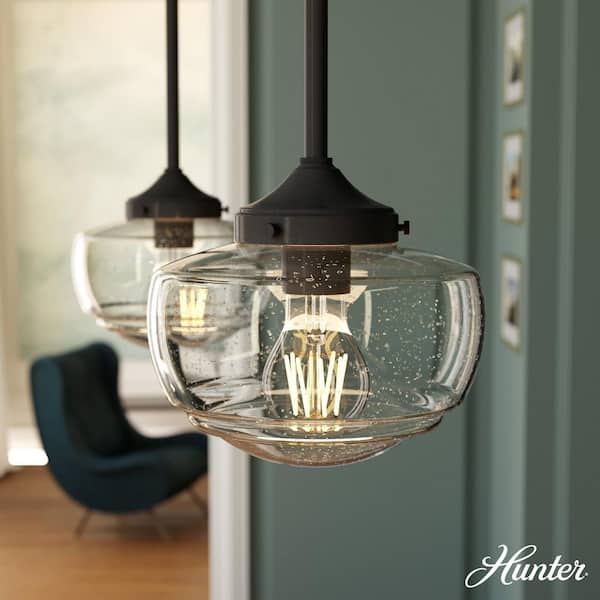 Hunter Saddle Creek 1-Light Noble Bronze Schoolhouse Mini Pendant Light with Clear Seeded Glass Shade