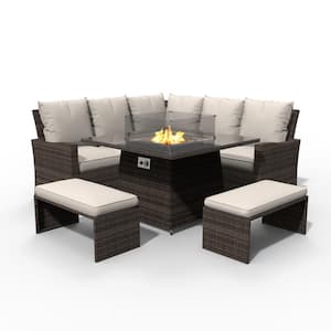 Lisa Brown 5-Piece Wicker Patio Fire Pit Conversation Sofa Set With Beige Cushions