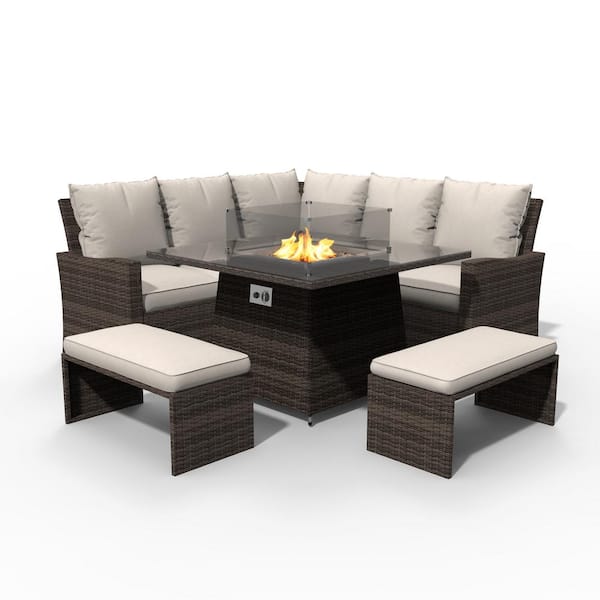 moda furnishings Chloe Brown 5-Piece Wicker Patio Fire Pit Conversation Sofa Set with Beige Cushions