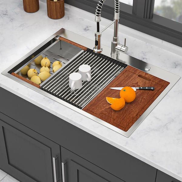 33 in. Drop-in Double Bowl (60/40) 16-Gauge Brushed Nickel Stainless Steel Kitchen Sink with Workstation