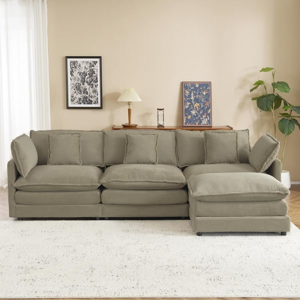 112.6 in. Modular Corduroy Fabric Cloud Sectional Sofa in Brown with Side Storage Pockets and Ottoman