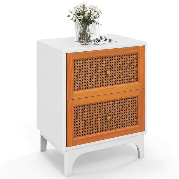 Costway White + Brown 2 Drawers 18 in. W Rattan Nightstand with Storage Wood End Sofa Side Table