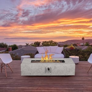 Large Gray 56 in. 50000 BTU Rectangle Composite GRFC Fire Pit Table with Glass Wind Guard and Water-resistent Cover