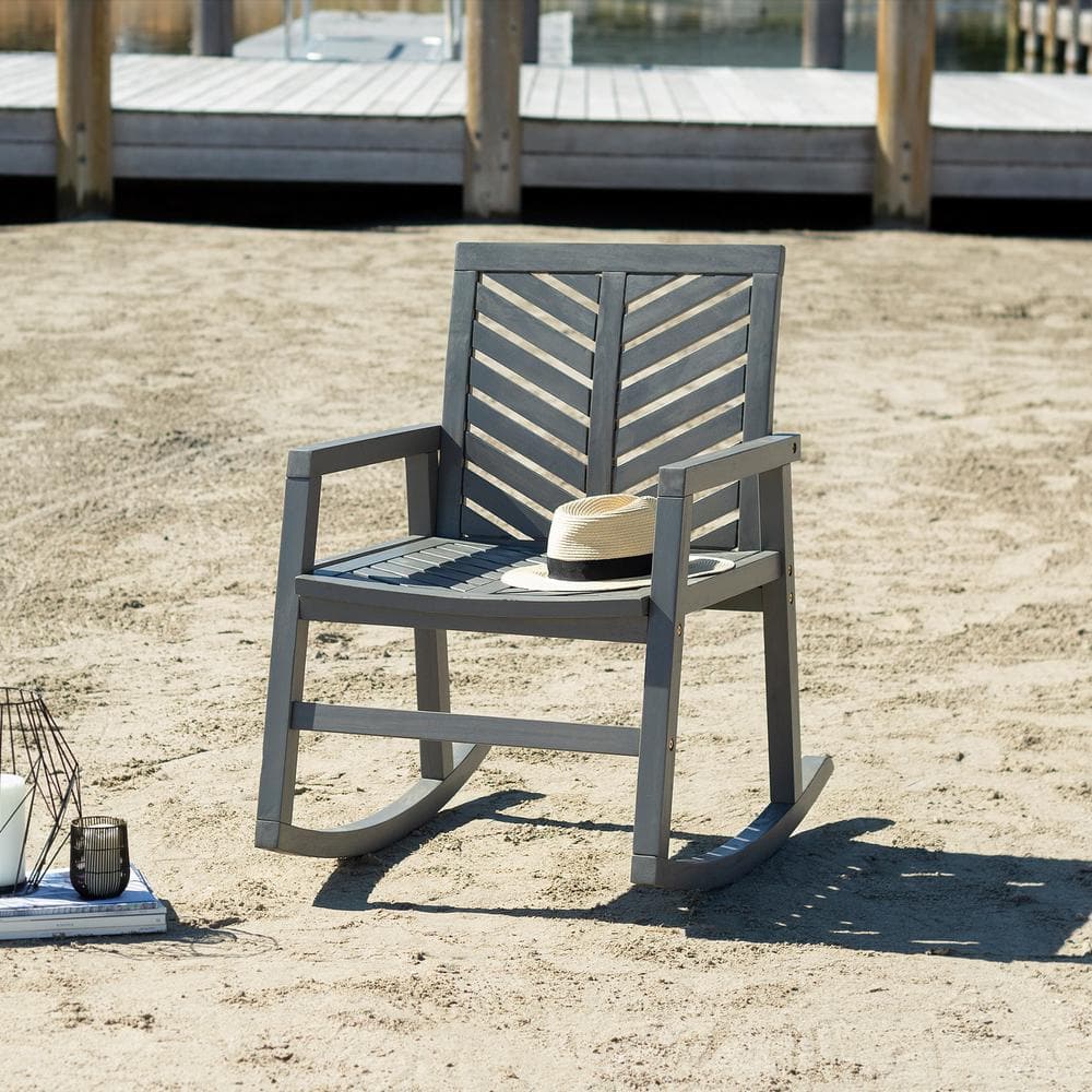Gray Wash Chevron Pattern Acacia Wood Outdoor Rocking Chair