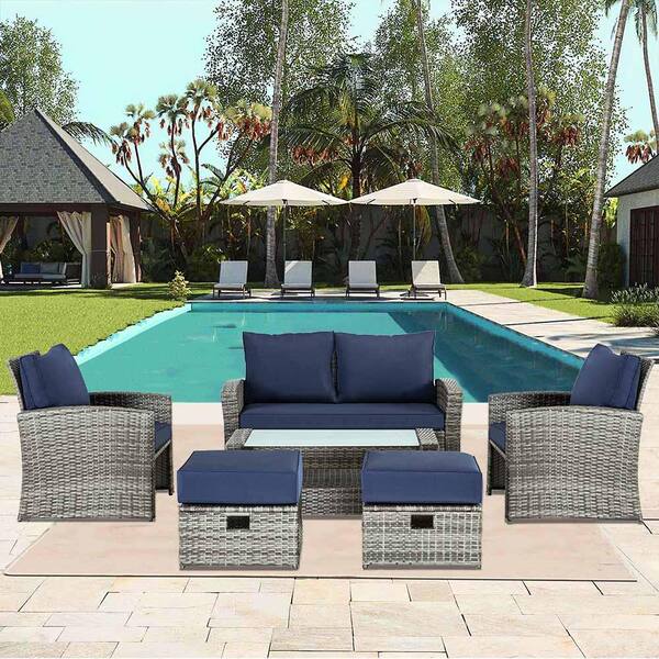 Unbranded 6 -Piece Gray Wicker Rattan Patio Outdoor Sectional Set with Coffee Table Wicker Sofas Ottomans Blue Cushions