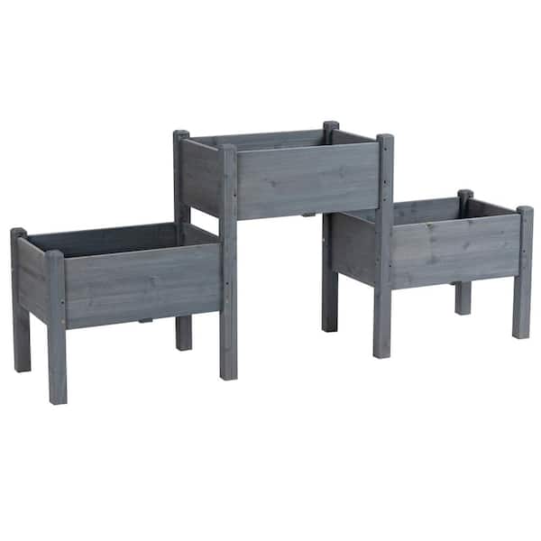Zeus & Ruta Gray Wood Raised Garden Bed with 3 Planter Box, Elevated Wooden Plant Stand with Drainage Holes for Vegetables, Flowers
