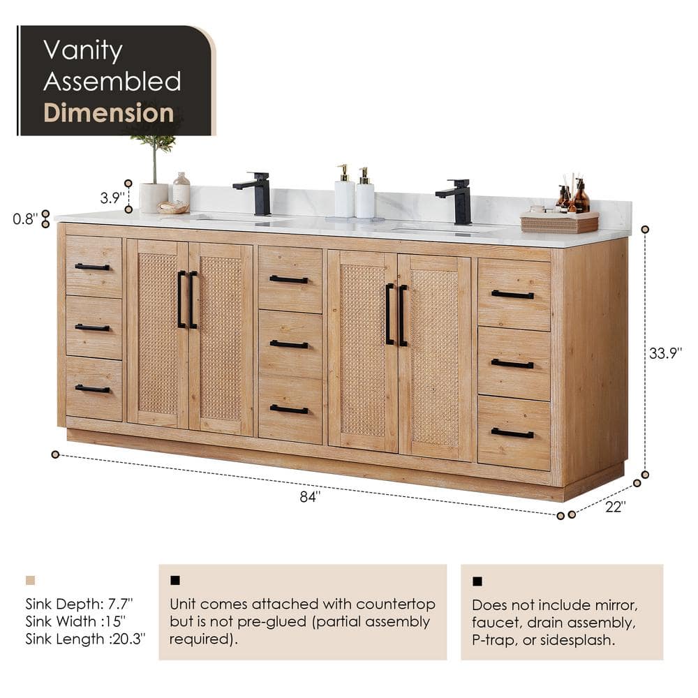 Floral Light Brown Double Sink Freestanding Vanity with White Quartz Top