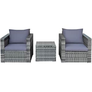 3-Piece Wicker Patio Conversation Set with Gray Cushions and Tempered Glass-Top Table