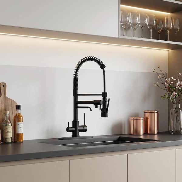 22.3 in. Double Handle Pull Down Sprayer Kitchen Faucet with Drinking Water and 360° Spout Swivel in Matte Black