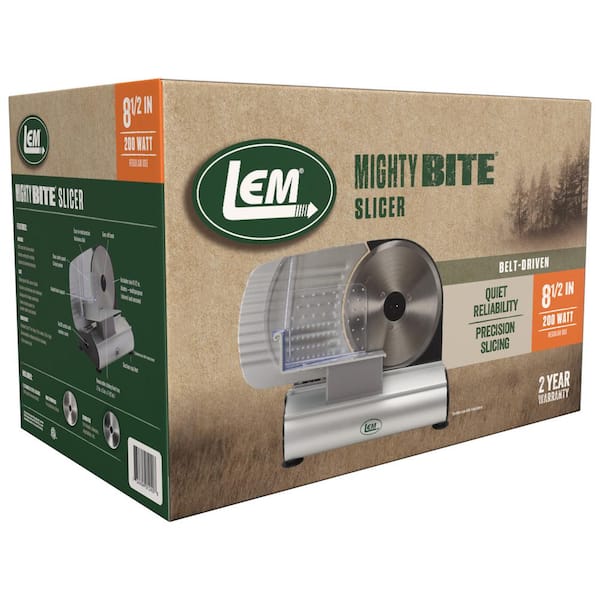 LEM MightyBite 8-1/2 in. Electric Meat Slicer, 200W with Serrated and  Straight Blades 1240 - The Home Depot