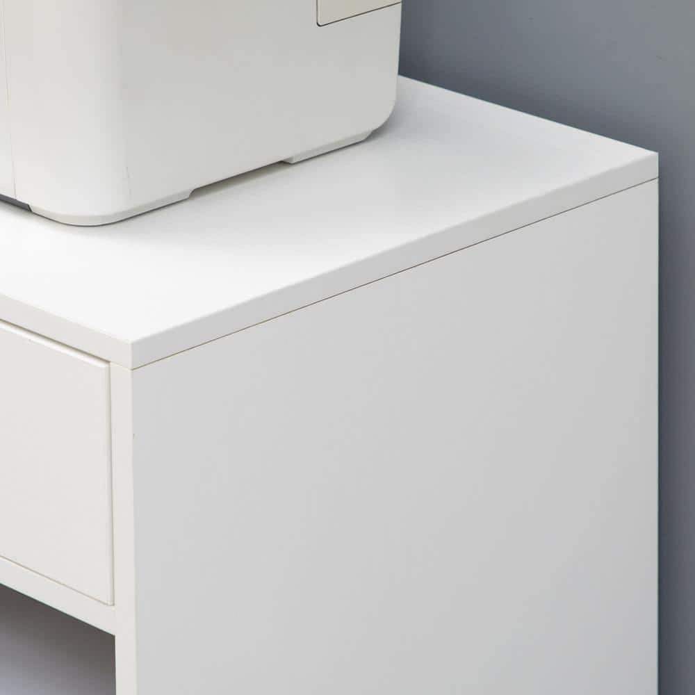 White Particleboard Mobile Printer Stand with Adjustable Shelf and Drawer