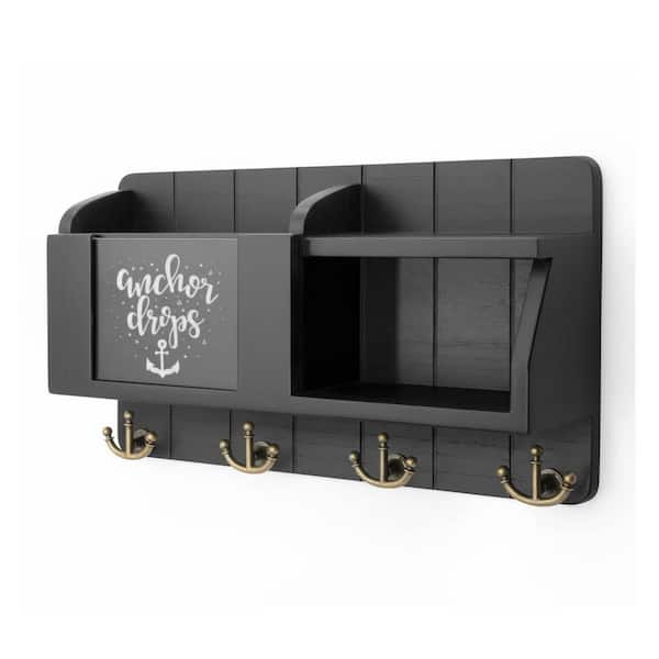 16 in. W x 3.2 in. D Black Wood Decorative Wall Shelf Mail Organizer Wall Mount with Chalkboard & Sayings