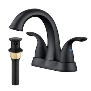 4 in. Centerset Double Handle Mid Arc Bathroom Sink Faucet Lavatory Faucet with Stainless steel Drain in Matte Black