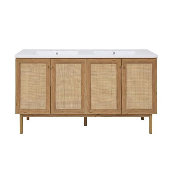 Swiss Madison Classed 60 in. Brown Oak, Double Basin Bathroom Vanity with White, 3-Hole Artificial Stone Sink Top